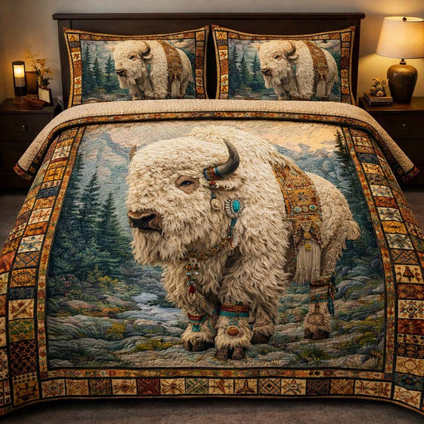 White Bison Legend quilted 3-piece bedding set on a made bed in a rustic timber bedroom