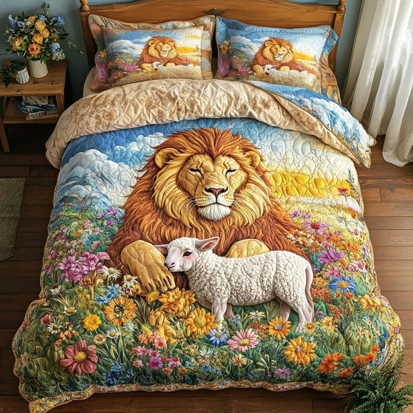 White Lamb quilted 3-piece bedding set on a made bed with two matching pillow shams