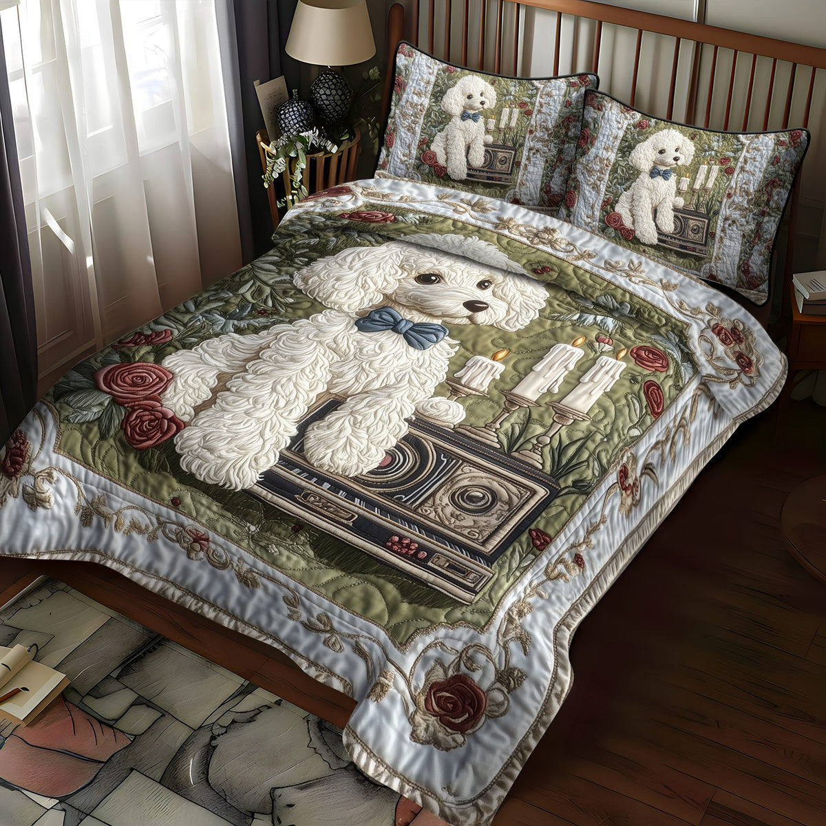 White Poodle Magic quilted 3-piece bedding set on a made bed with two matching pillow shams