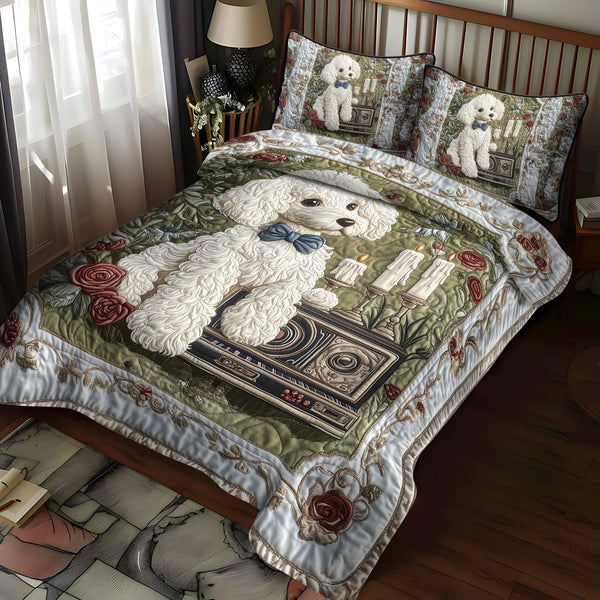 White Poodle Magic quilted 3-piece bedding set on a made bed with two matching pillow shams