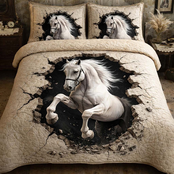 White Stallion quilted 3-piece bedding set on a made bed in a rustic timber bedroom