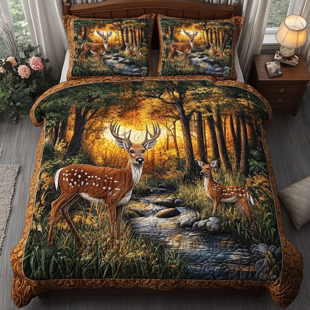 White tailed Deer Dreams quilted 3-piece bedding set on a made bed with two matching pillow shams