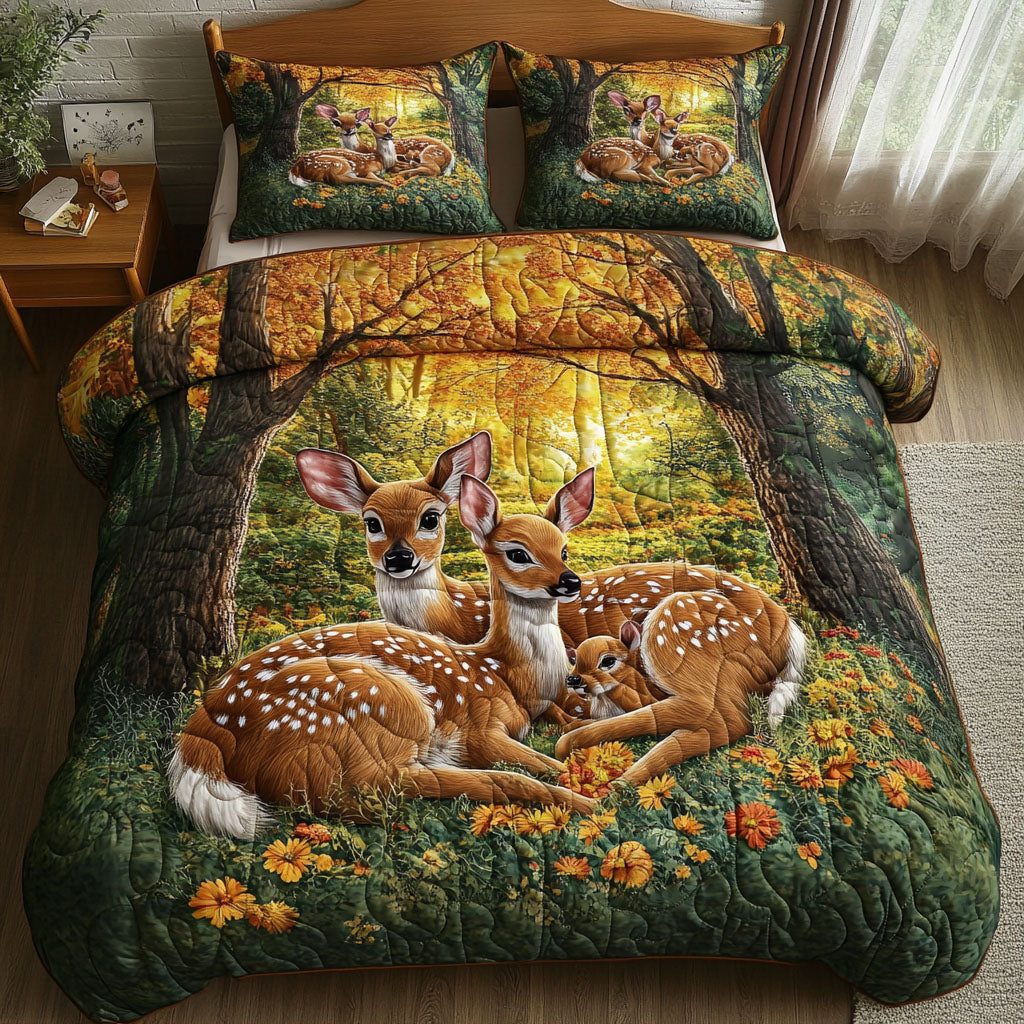 White tailed Deer Grace quilted 3-piece bedding set on a made bed with two matching pillow shams