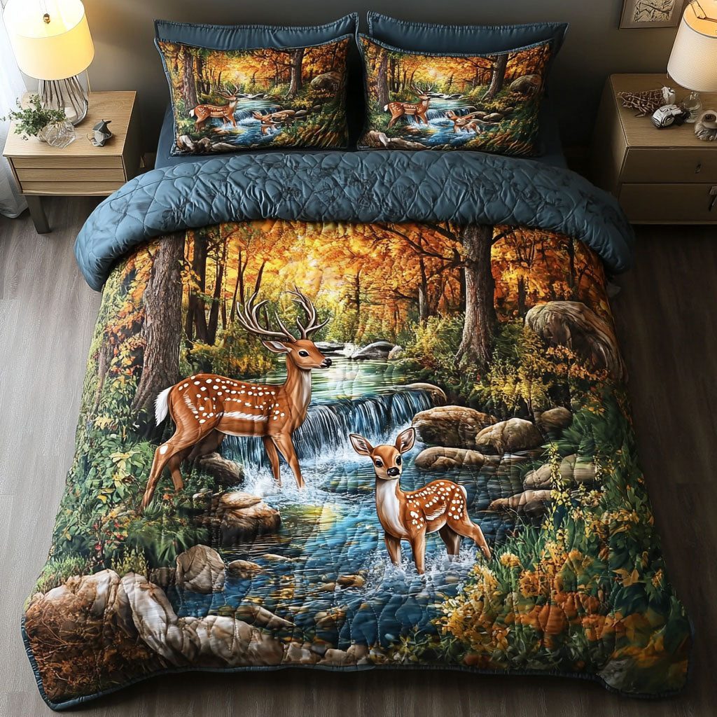 White tailed Deer in Autumn quilted 3-piece bedding set on a made bed with two matching pillow shams