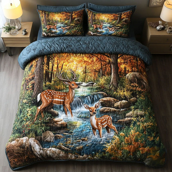 White tailed Deer in Autumn quilted 3-piece bedding set on a made bed with two matching pillow shams