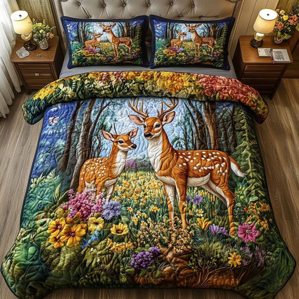 White tailed Deer Majesty quilted 3-piece bedding set on a made bed with two matching pillow shams