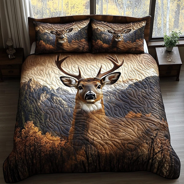 White-tailed Deer quilted 3-piece bedding set on a made bed with two matching pillow shams