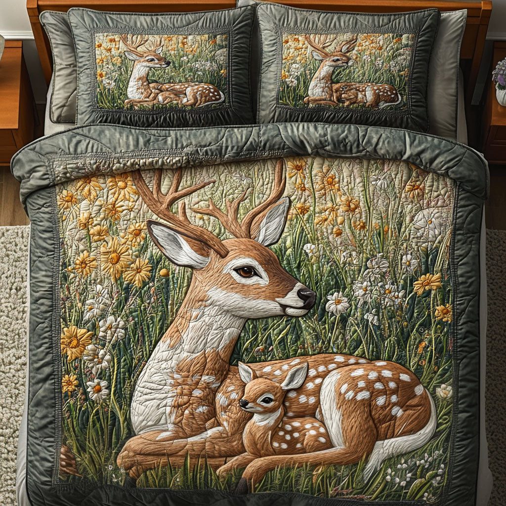 White tailed Deer Serenity quilted 3-piece bedding set on a made bed with two matching pillow shams