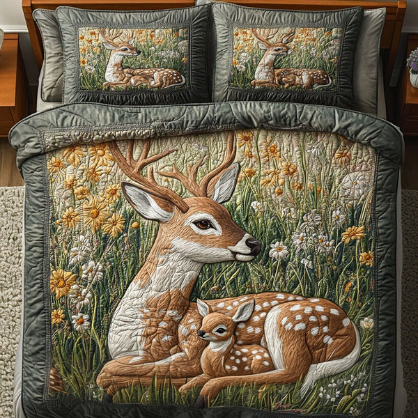 White tailed Deer Serenity quilted 3-piece bedding set on a made bed with two matching pillow shams