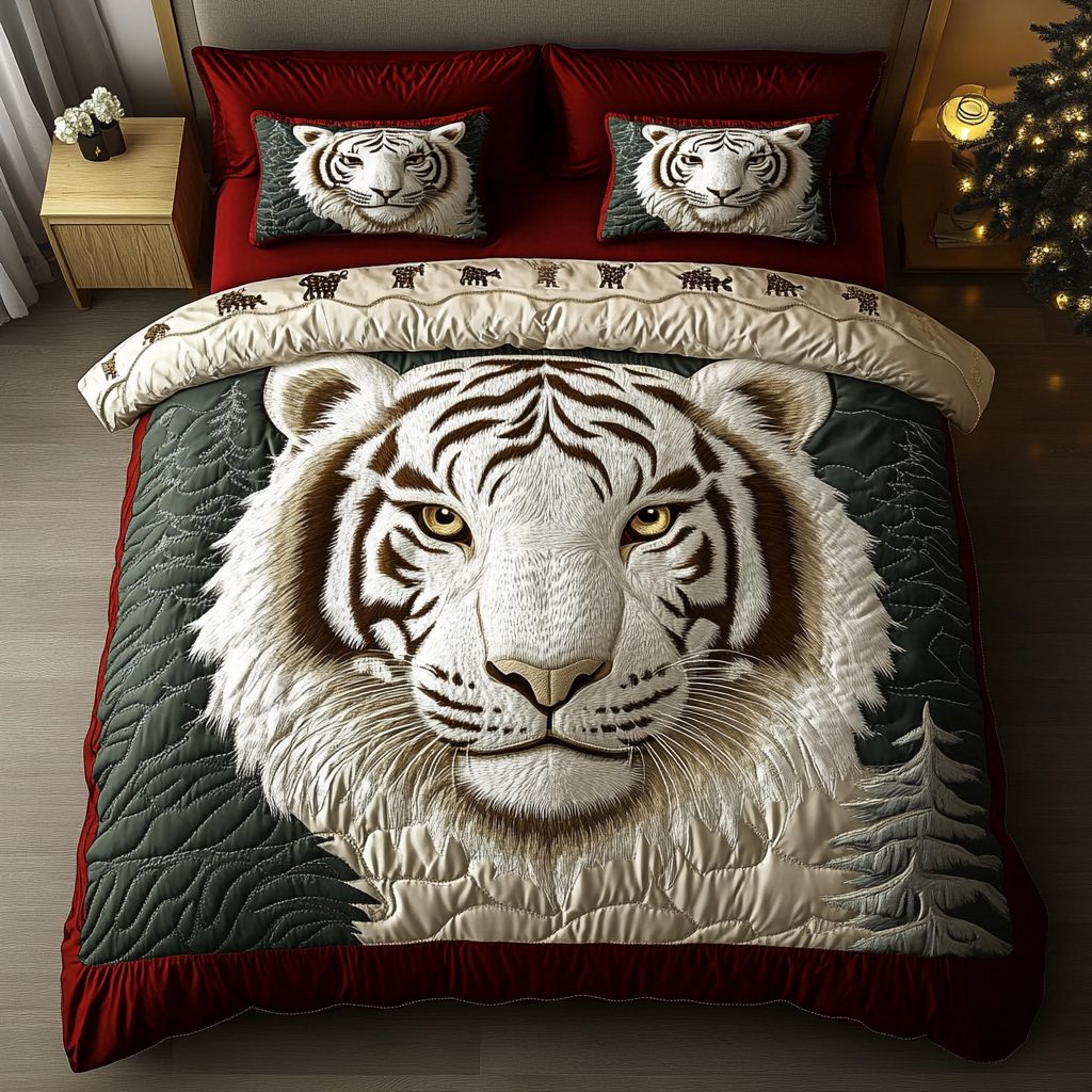 White Tiger Elegance quilted 3-piece bedding set on a made bed with two matching pillow shams