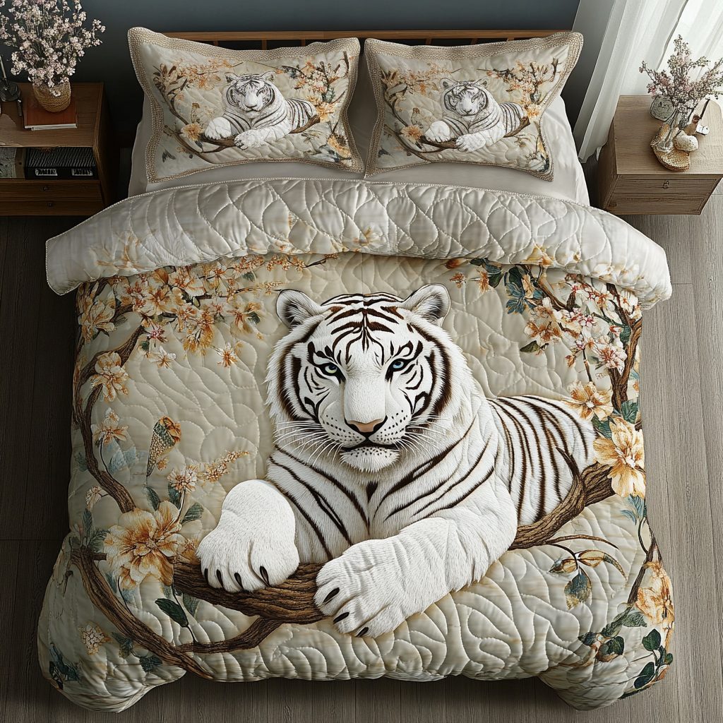 White Tiger Grace quilted 3-piece bedding set on a made bed with two matching pillow shams