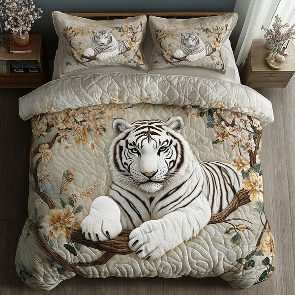 White Tiger Grace quilted 3-piece bedding set on a made bed with two matching pillow shams