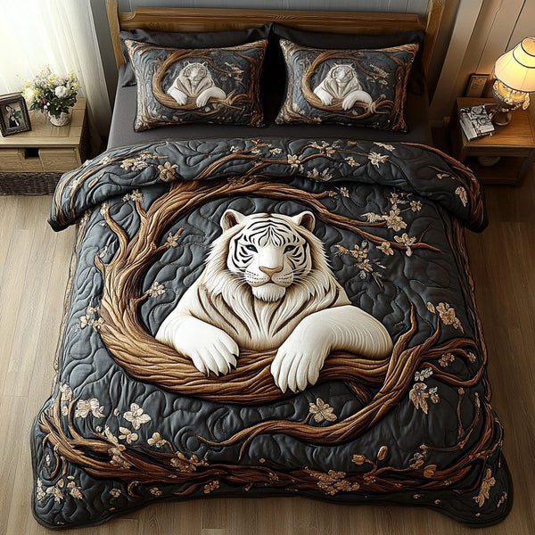 White Tiger Shadows quilted 3-piece bedding set on a made bed with two matching pillow shams