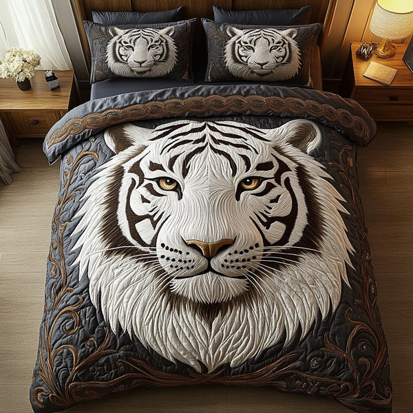 White Tiger Spirit quilted 3-piece bedding set on a made bed with two matching pillow shams
