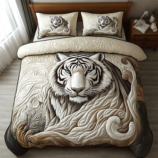 White Tiger Spirit quilted 3-piece bedding set on a made bed with two matching pillow shams