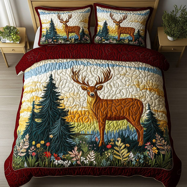 Whitetail Grace quilted 3-piece bedding set on a made bed with two matching pillow shams