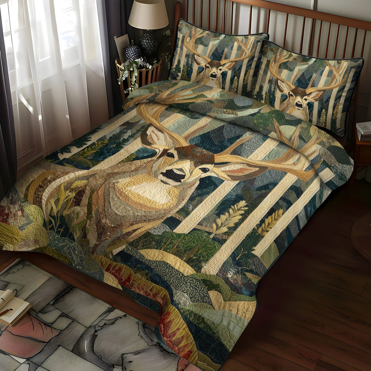Whitetail Journey quilted 3-piece bedding set on a made bed with two matching pillow shams