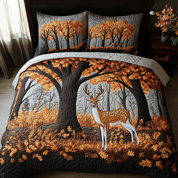 Whitetail Woods quilted 3-piece bedding set on a made bed with two matching pillow shams