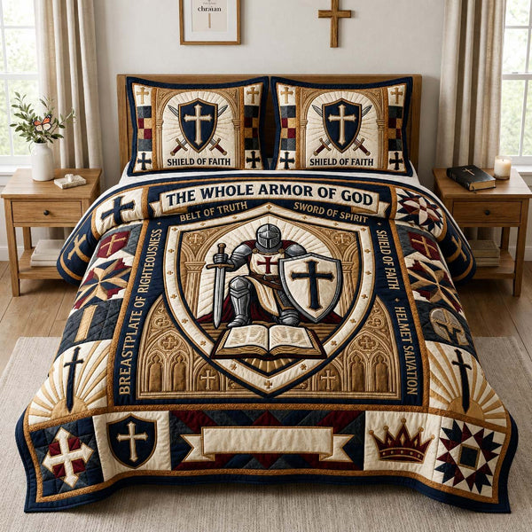 Whole Armor Shield quilted 3-piece bedding set on a made bed with two matching pillow shams