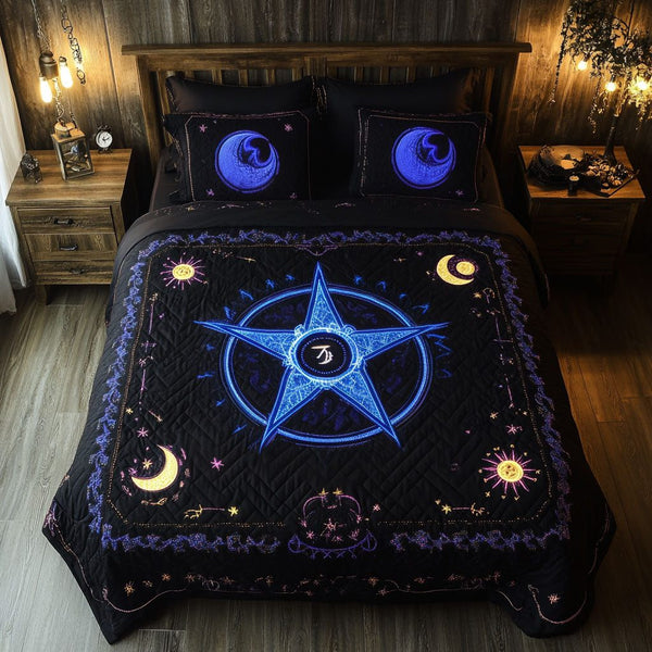 Wiccan Circle quilted 3-piece bedding set on a made bed with two matching pillow shams