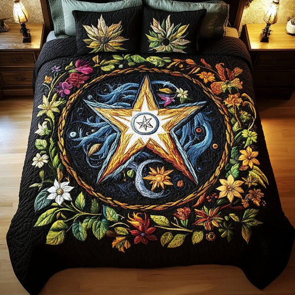 Wiccan Serenity quilted 3-piece bedding set on a made bed with two matching pillow shams