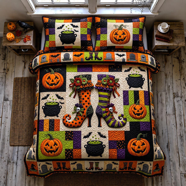 Wicked Magical Boots quilted 3-piece bedding set on a made bed in a rustic timber bedroom