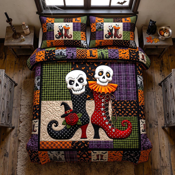 Wicked Magical Boots quilted 3-piece bedding set on a made bed in a rustic timber bedroom