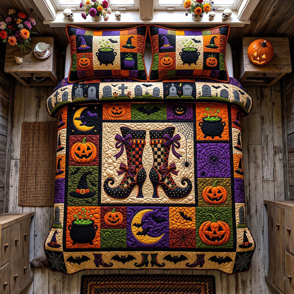 Wicked Magical Boots quilted 3-piece bedding set on a made bed in a rustic timber bedroom