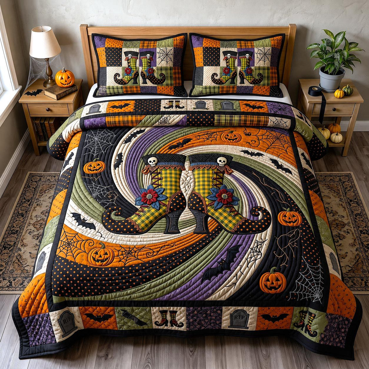 Wicked Magical Boots quilted 3-piece bedding set on a made bed in a rustic timber bedroom