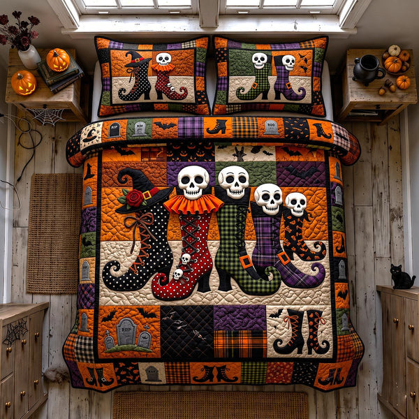 Wicked Magical Boots quilted 3-piece bedding set on a made bed in a rustic timber bedroom