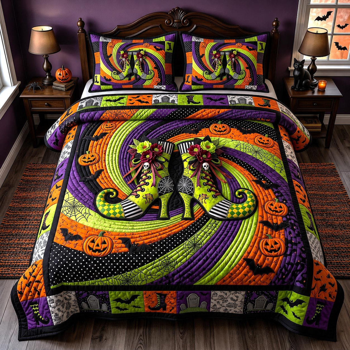 Wicked Magical Boots quilted 3-piece bedding set on a made bed in a rustic timber bedroom