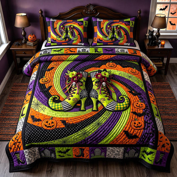 Wicked Magical Boots quilted 3-piece bedding set on a made bed in a rustic timber bedroom