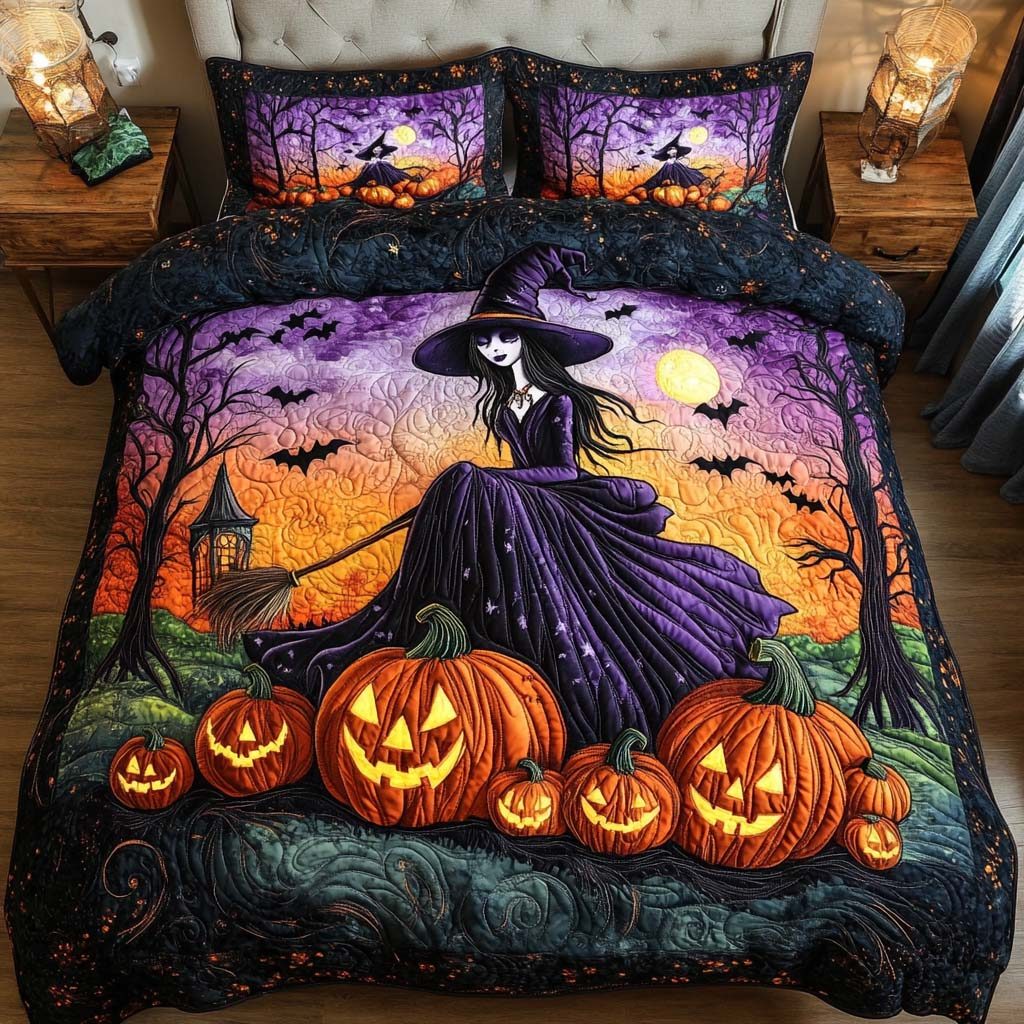 Wicked Night quilted 3-piece bedding set on a made bed with two matching pillow shams