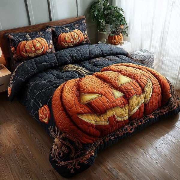 Wicked Pumpkin Glow quilted 3-piece bedding set on a made bed against a dark styled interior
