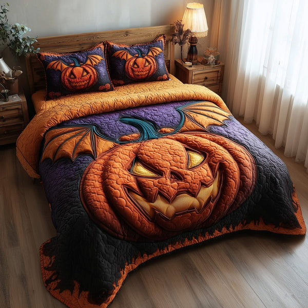 Wicked Pumpkin Glow quilted 3-piece bedding set on a made bed against a dark styled interior
