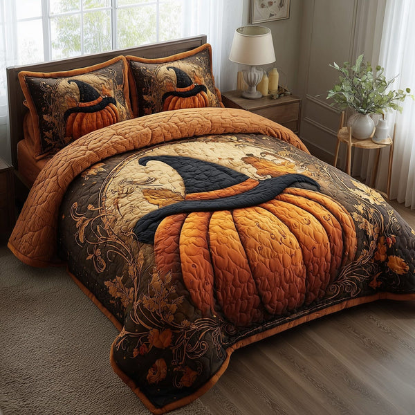 Wicked Pumpkin Glow quilted 3-piece bedding set on a made bed against a dark styled interior