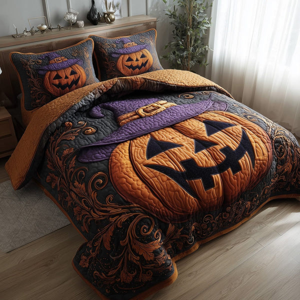 Wicked Pumpkin Glow quilted 3-piece bedding set on a made bed against a dark styled interior
