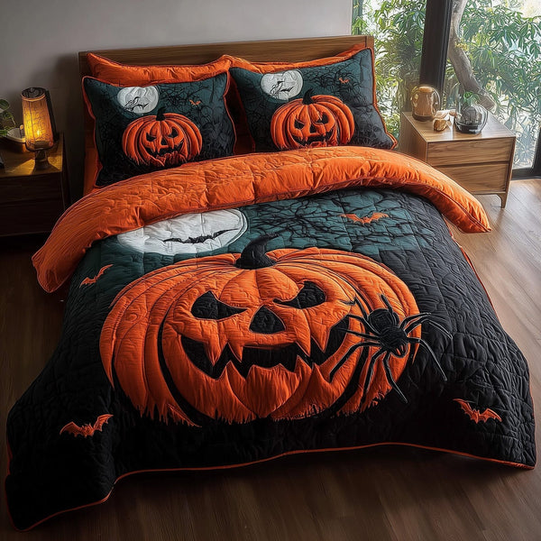 Wicked Pumpkin Glow quilted 3-piece bedding set on a made bed against a dark styled interior