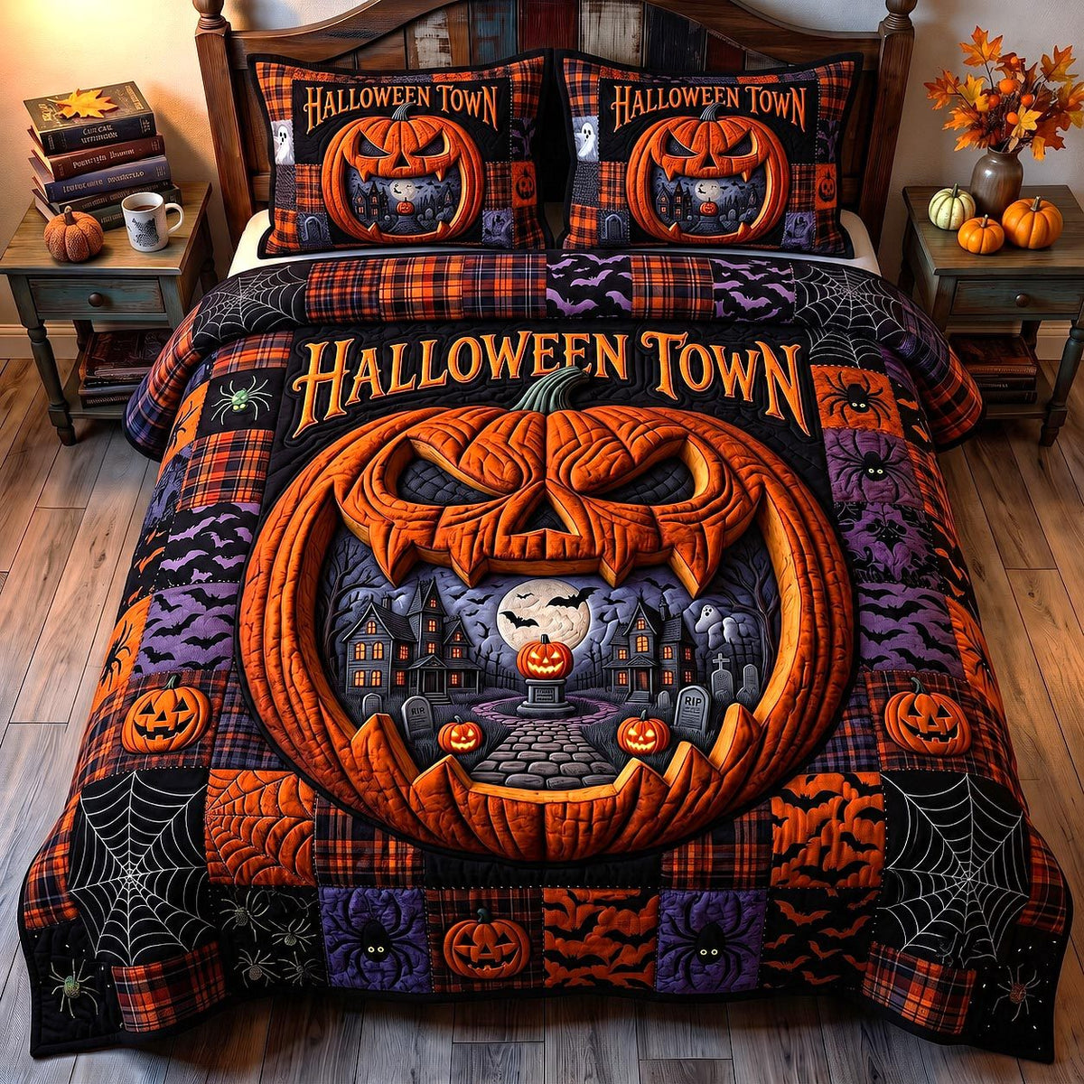Wicked Village quilted 3-piece bedding set on a made bed with two matching pillow shams