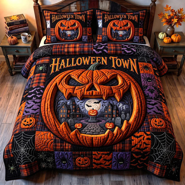 Wicked Village quilted 3-piece bedding set on a made bed with two matching pillow shams