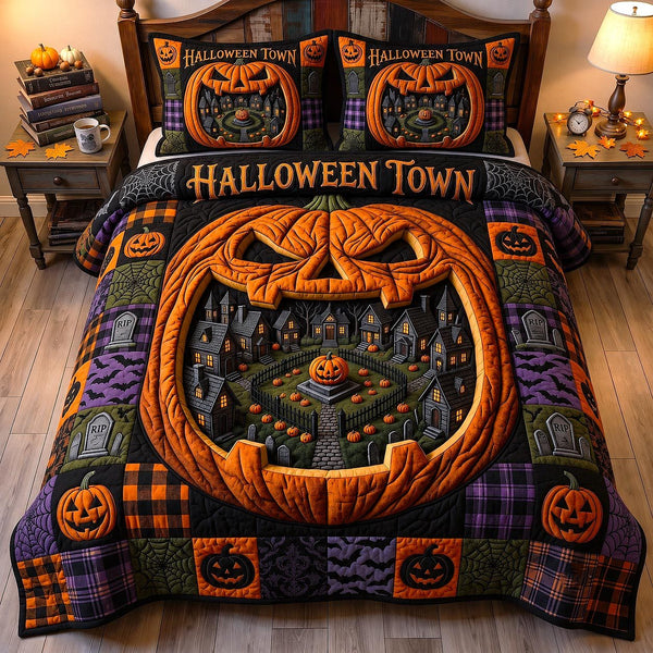 Wicked Village quilted 3-piece bedding set on a made bed with two matching pillow shams