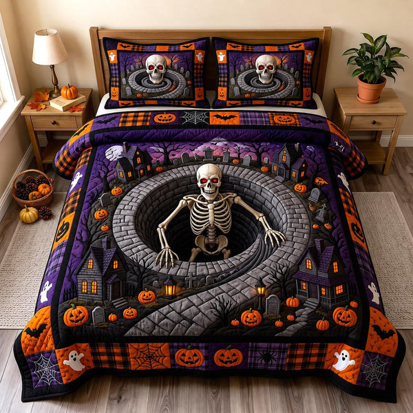 Wicked Village quilted 3-piece bedding set on a made bed with two matching pillow shams