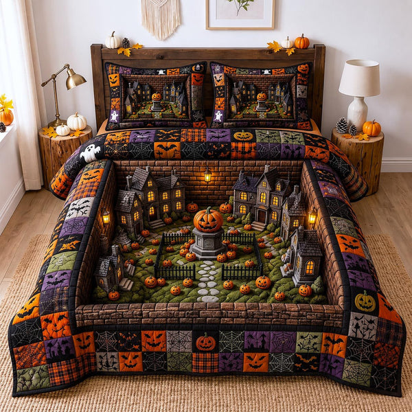 Wicked Village quilted 3-piece bedding set on a made bed with two matching pillow shams
