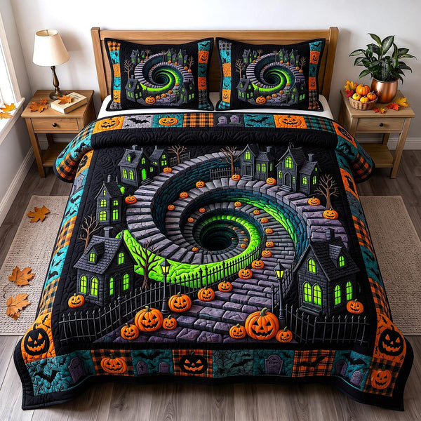 Wicked Village quilted 3-piece bedding set on a made bed with two matching pillow shams