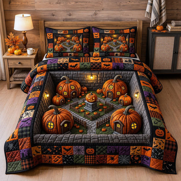 Wicked Village quilted 3-piece bedding set on a made bed with two matching pillow shams