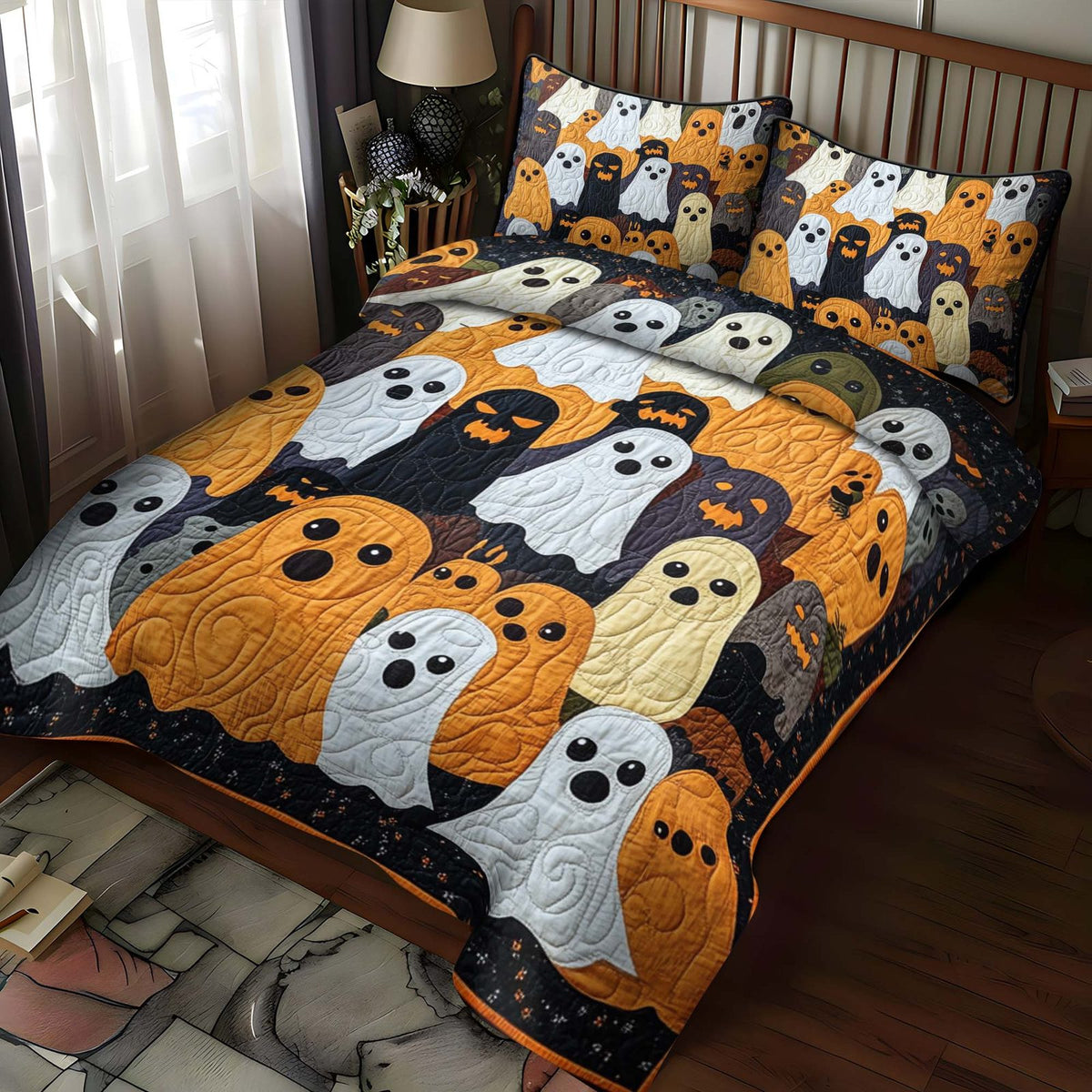 Wicked Witch quilted 3-piece bedding set on a made bed against a dark styled interior