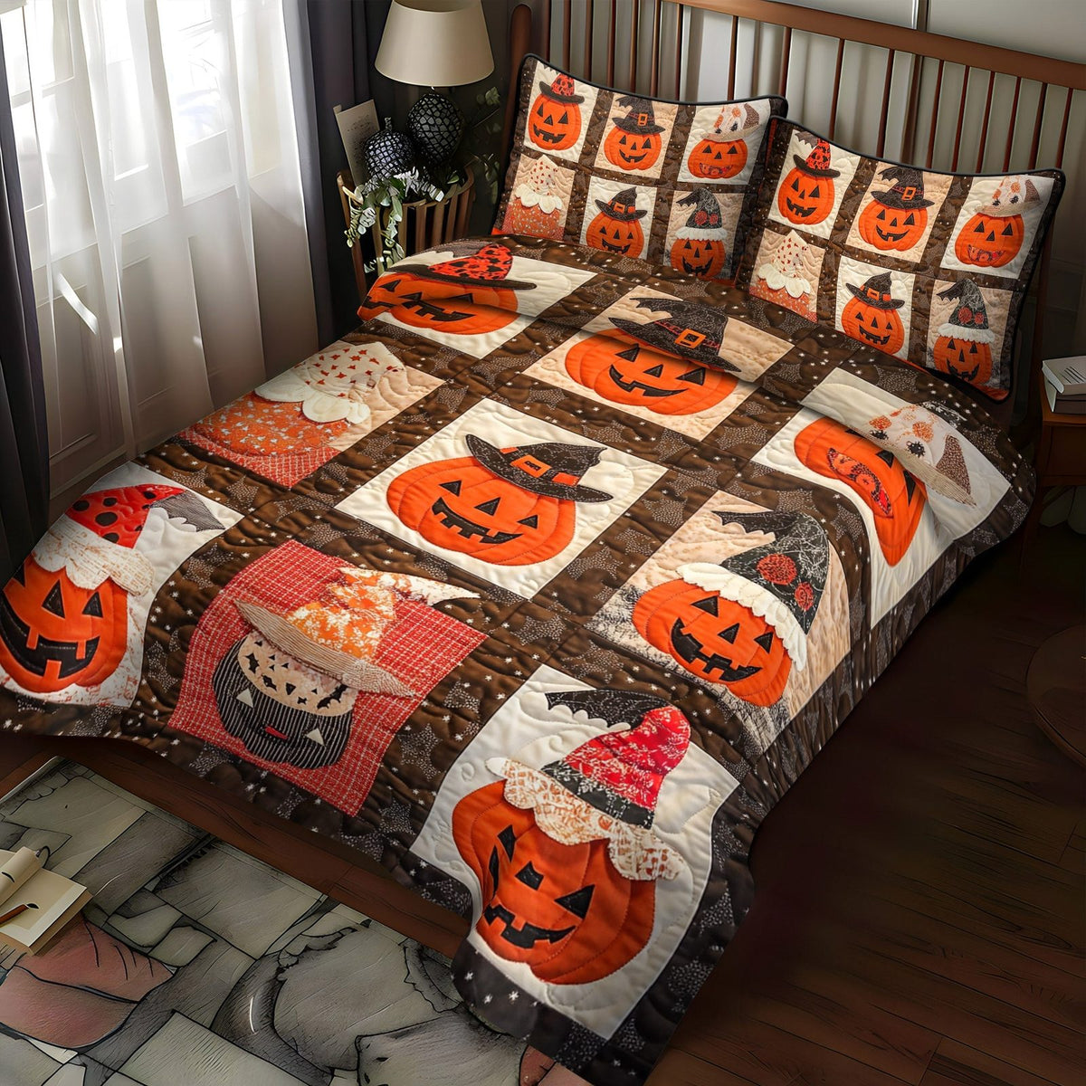 Wickedly Whimsical Quilt quilted 3-piece bedding set on a made bed with two matching pillow shams