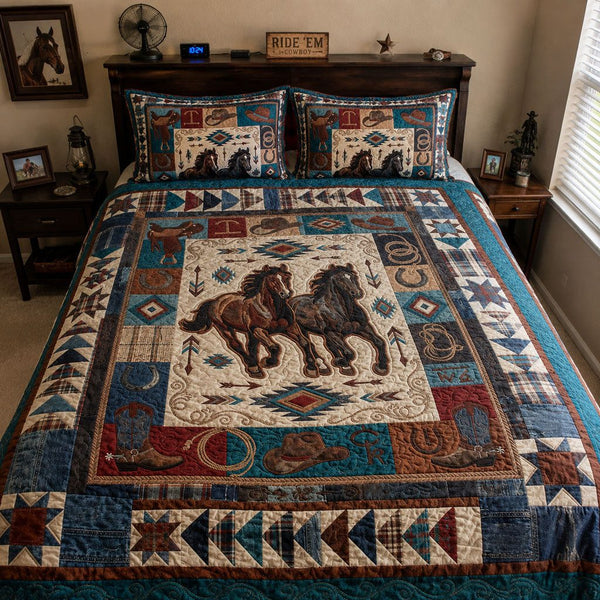 Wide Open Spaces quilted 3-piece bedding set on a made bed with two matching pillow shams