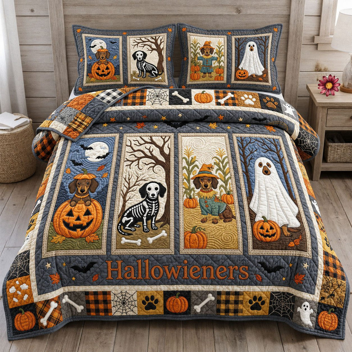 Wiener Dogs In Costumes quilted 3-piece bedding set on a made bed with two matching pillow shams