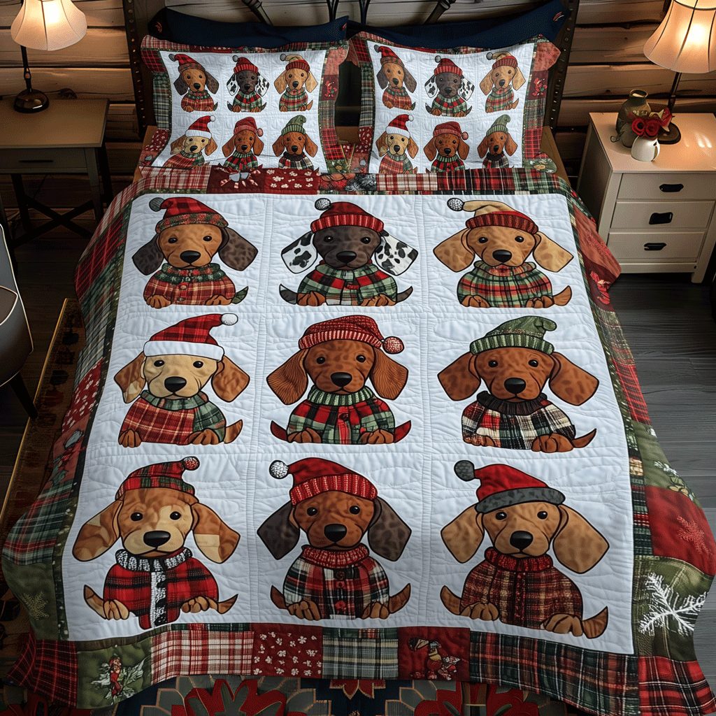 Wiener Whimsy quilted 3-piece bedding set on a made bed with two matching pillow shams